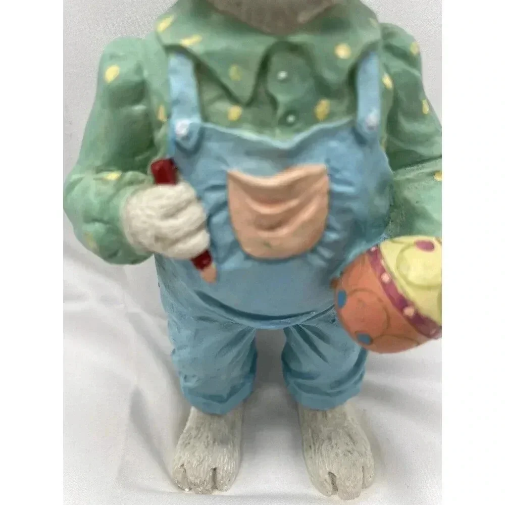 Vintage Bunny Rabbit Figurine Painting Egg Blue Overalls Easter Spring